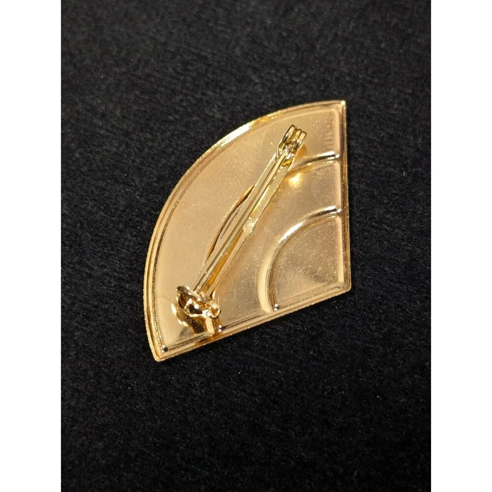 VTG Gold Tone‎ Glitter Black Enamel Art Deco Fan Curved Brooch pin